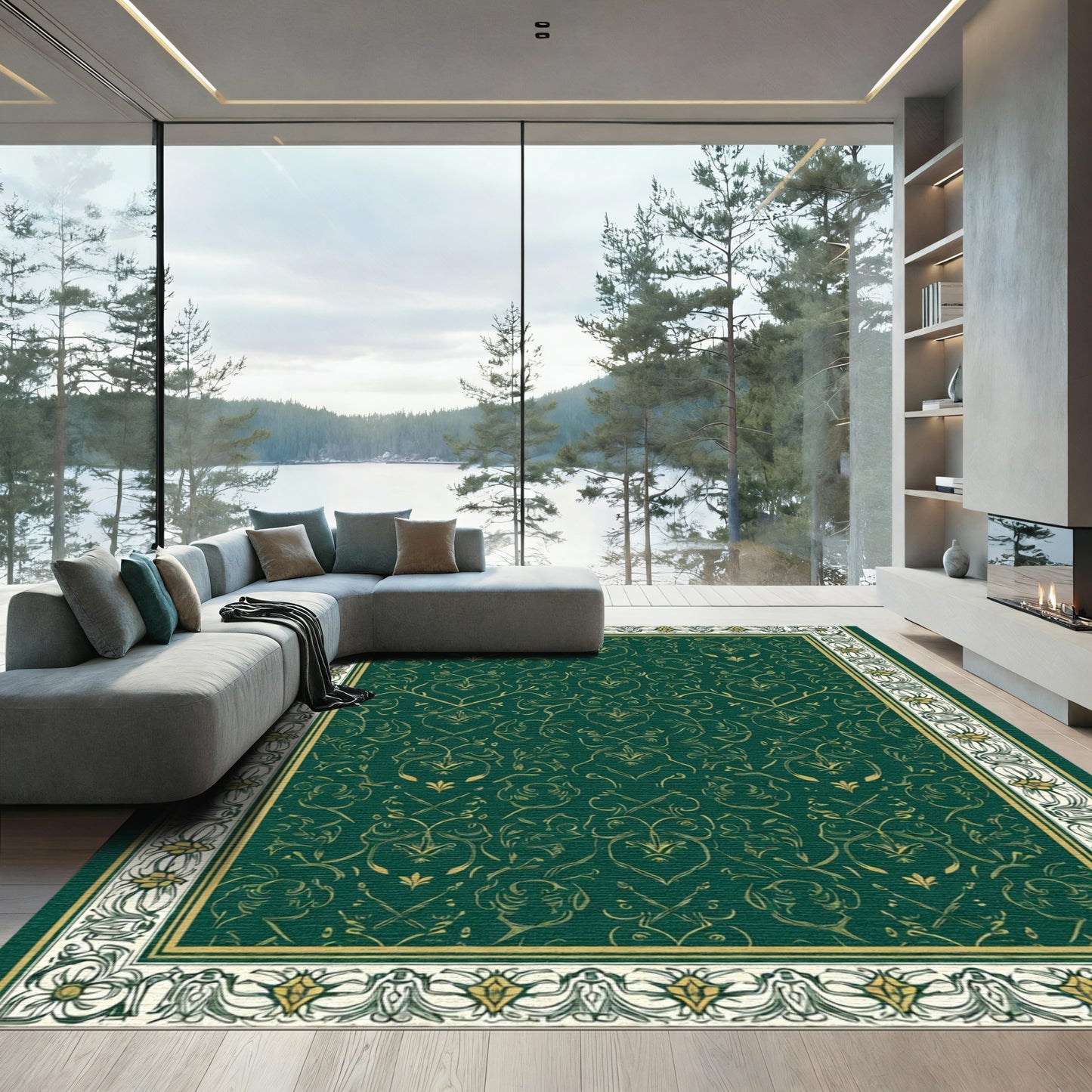 Emerald Green Golden Floral Scroll Rug