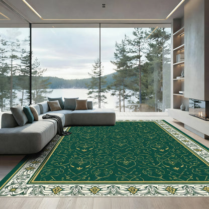 Emerald Green Golden Floral Scroll Rug