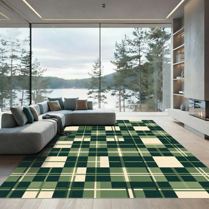 Green Cream Checkered Geometric Weave Rug