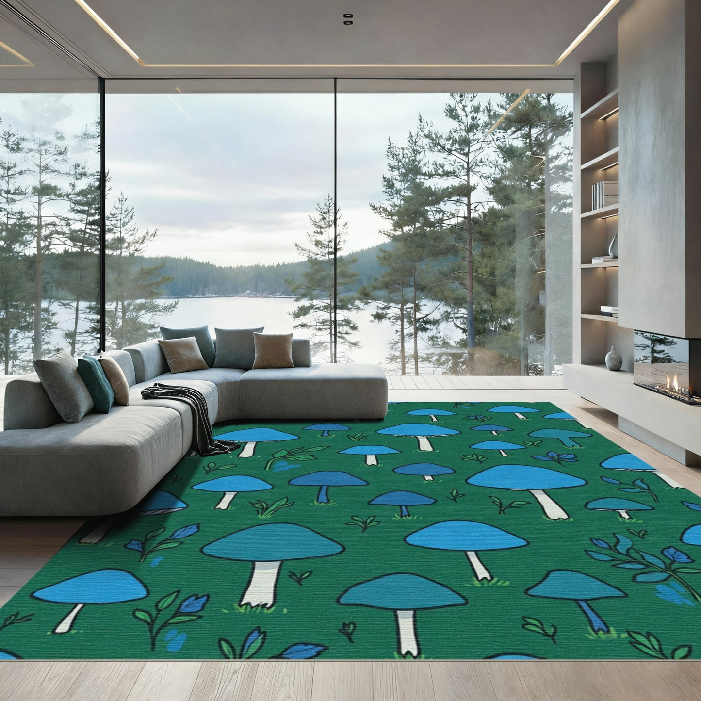 Forest Green Blue Mushroom Grove Rug