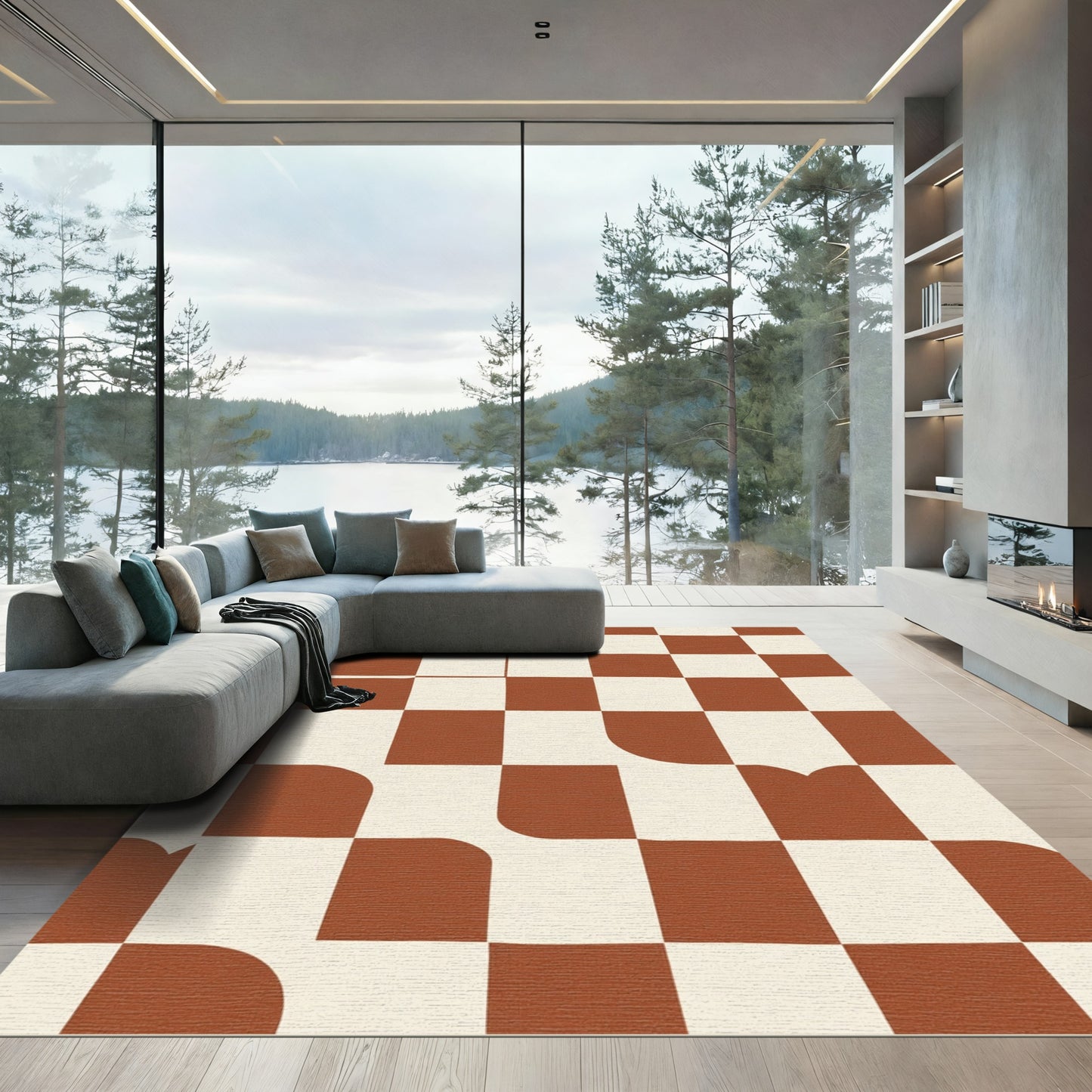 Terracotta Cream Checkerboard Rounded Squares Rug