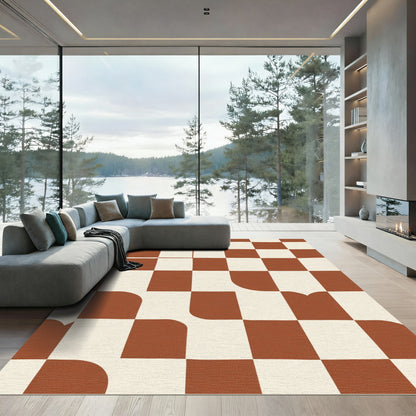 Terracotta Cream Checkerboard Rounded Squares Rug