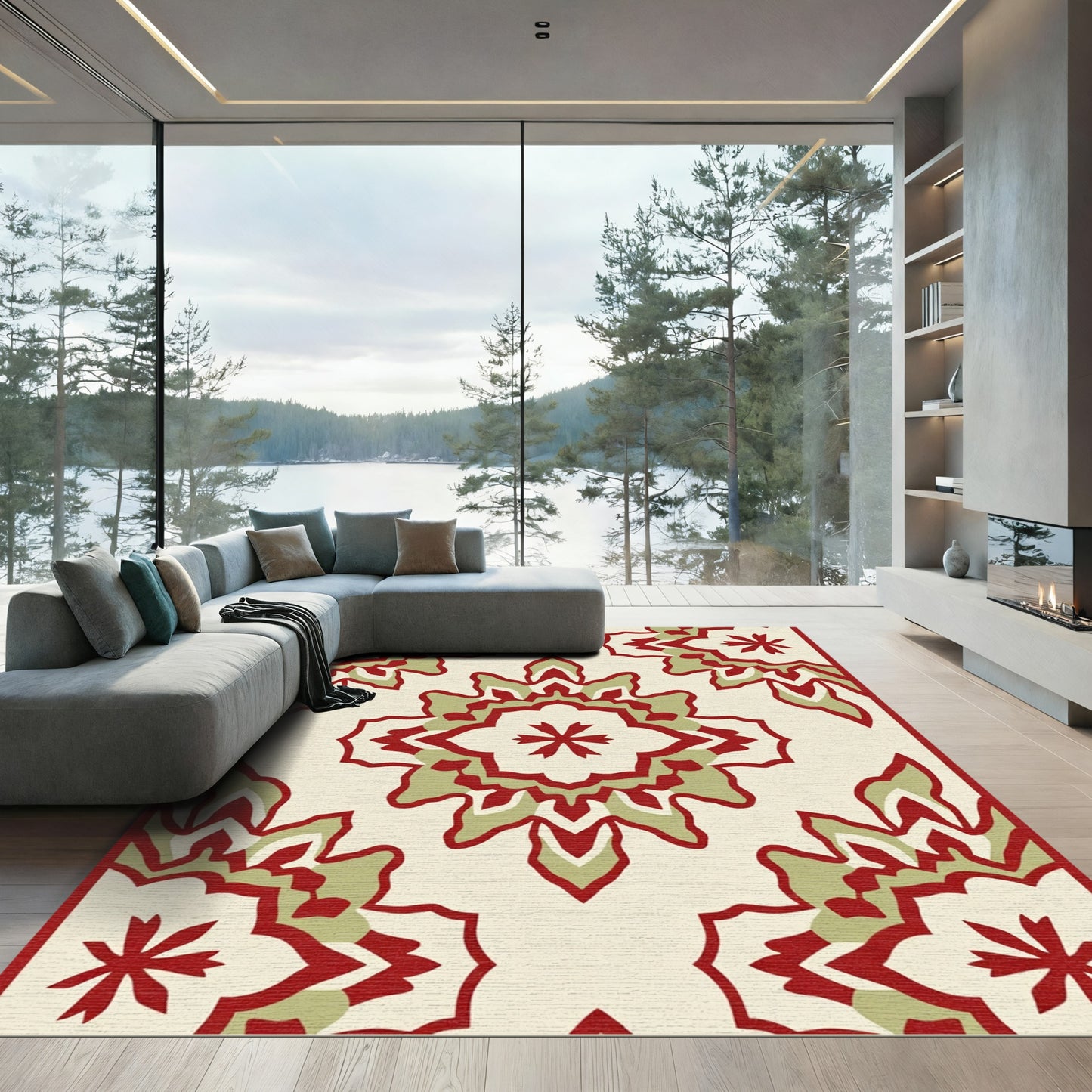 Crimson Ivory Stylized Floral medallion Rug