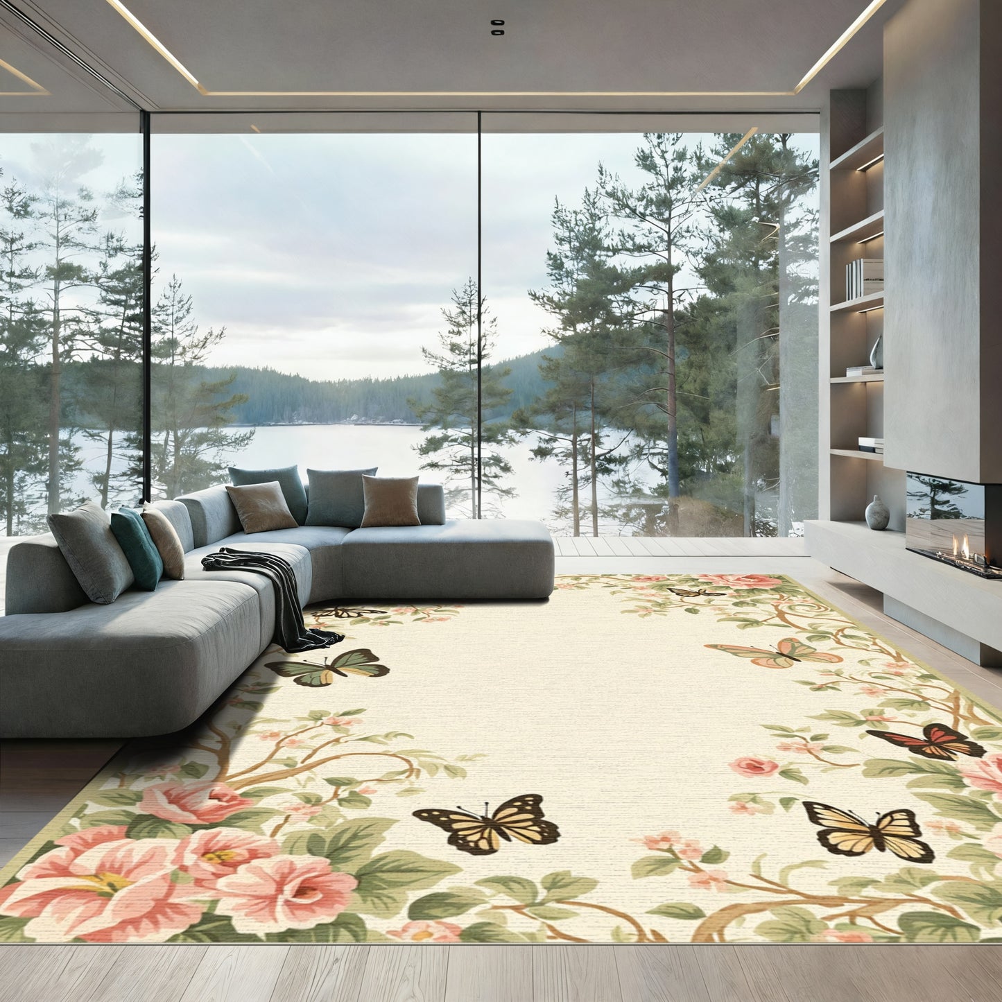 Romantic Pink Rose Butterfly Garden Rug