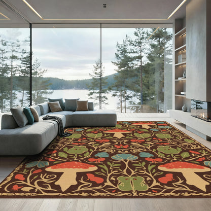 Vermillion Mushroom Forest Wildlife Art Nouveau Rug