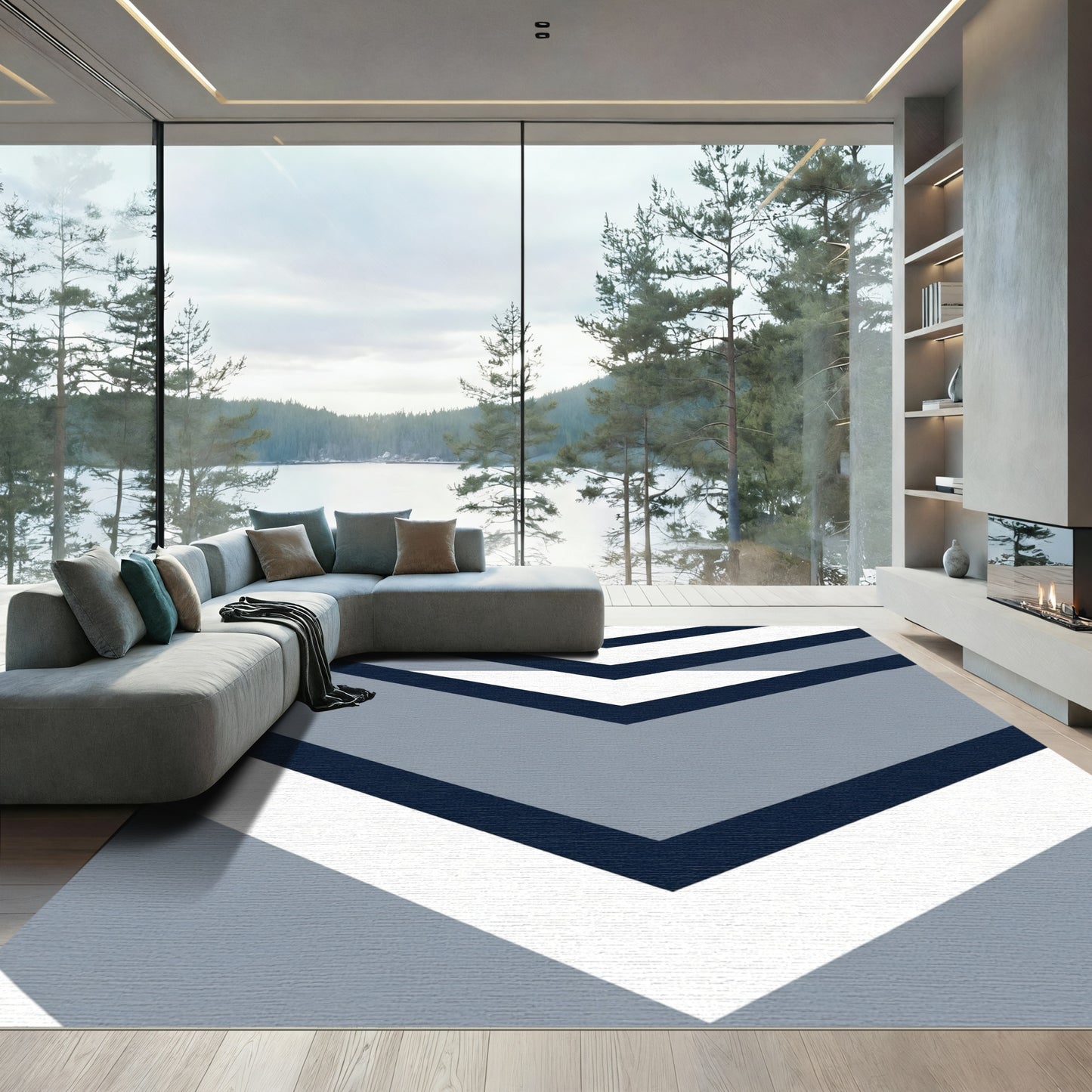 Navy White Gray Chevron Stripes Rug