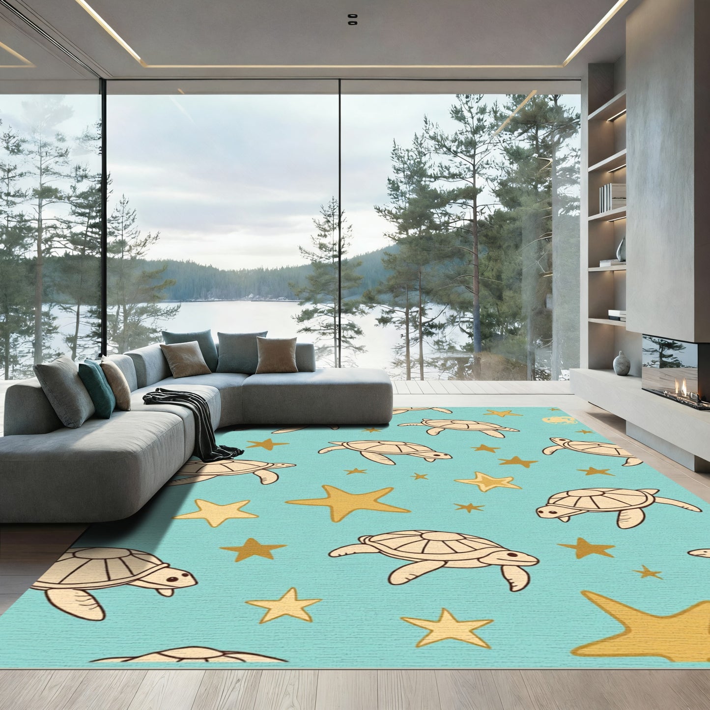 Beige Turtle Teal Starfish Rug