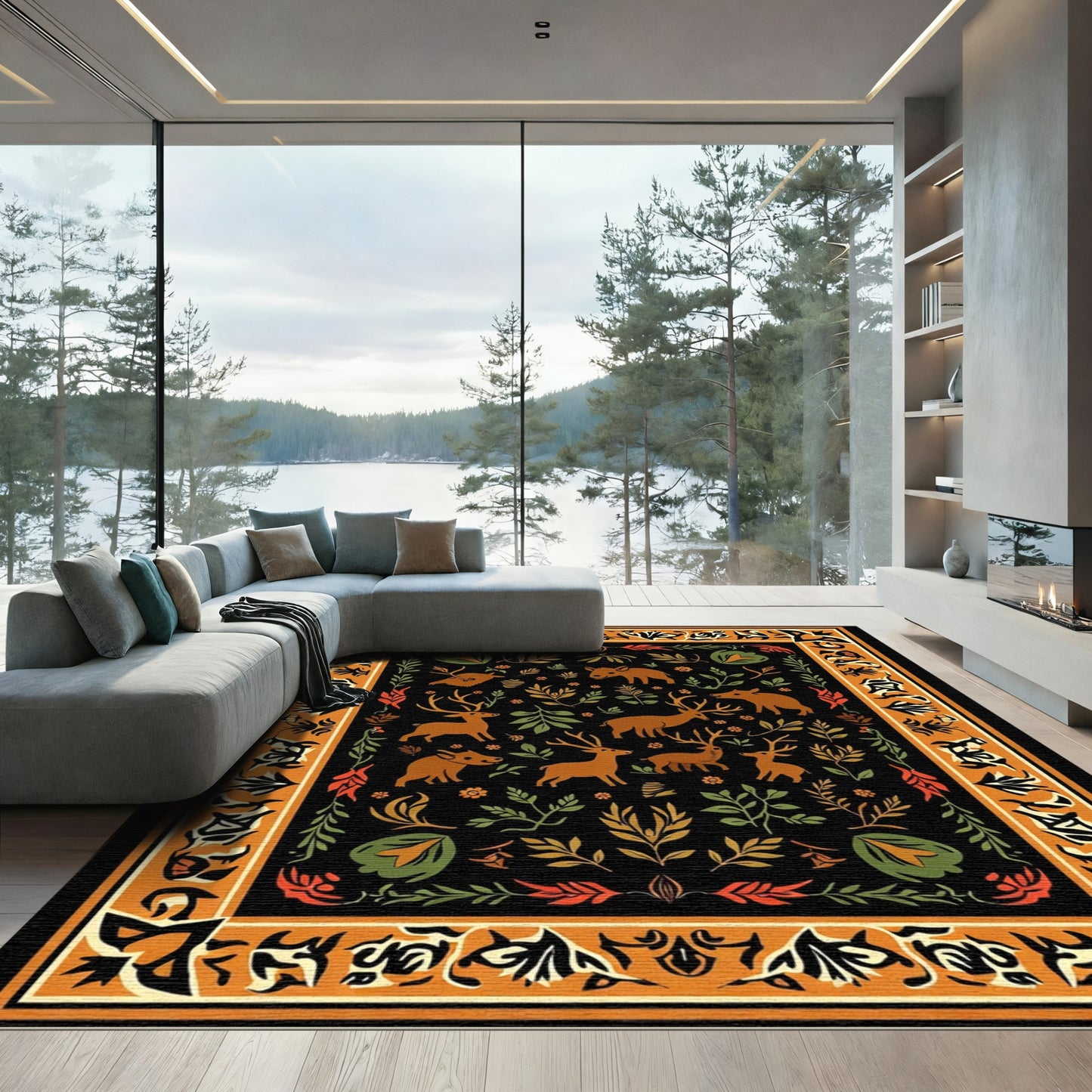 Whimsical Woodland Animal Border Foliage Rug