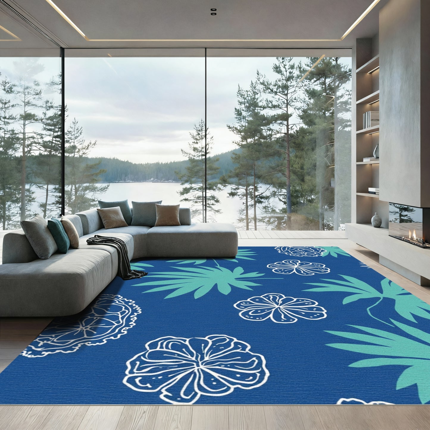 Deep Blue Tropical Leaf Blossom Harmony Rug