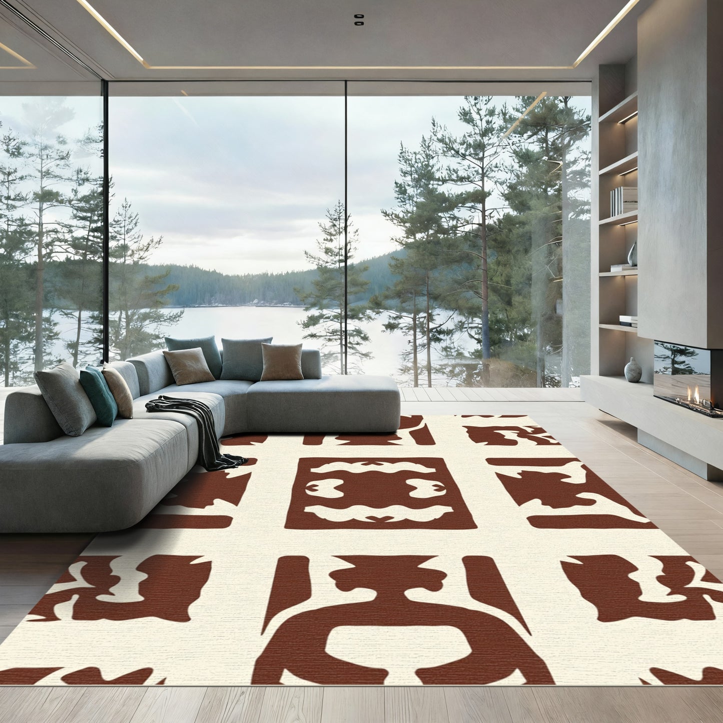 Brown Cream Abstract Art Tiling Rug