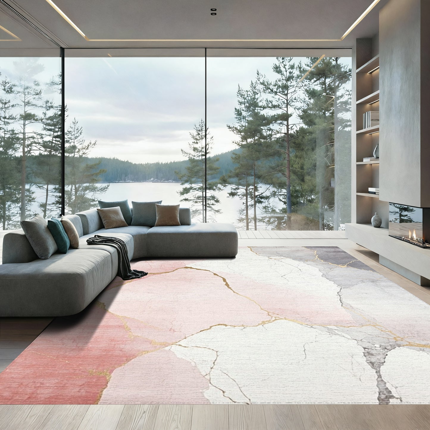 Blush Pink Gray Gold Veined Rug