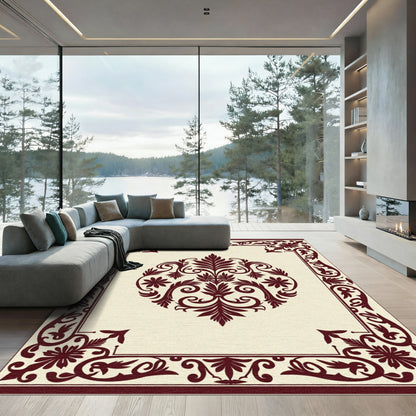 Crimson Damask Floral Centerpiece Border Rug