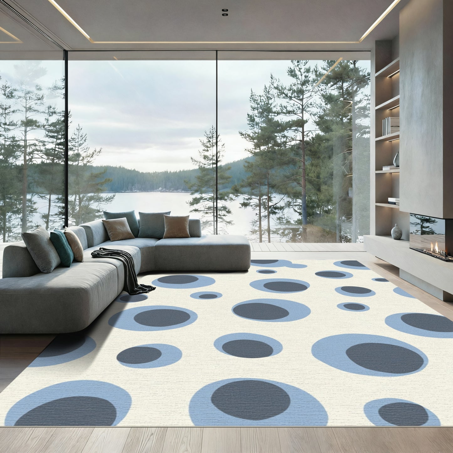 Cream Blue Gray Bubble Scatter Rug