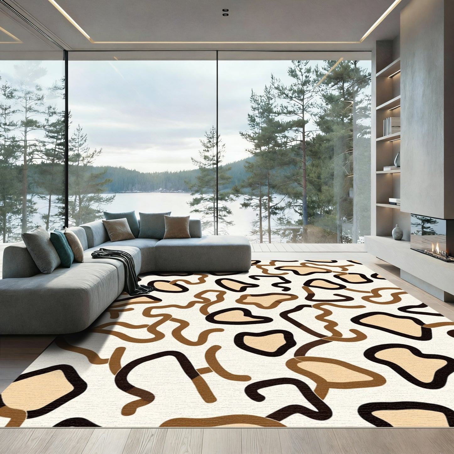 Brown Tan Abstract Blob Organic Shapes Rug
