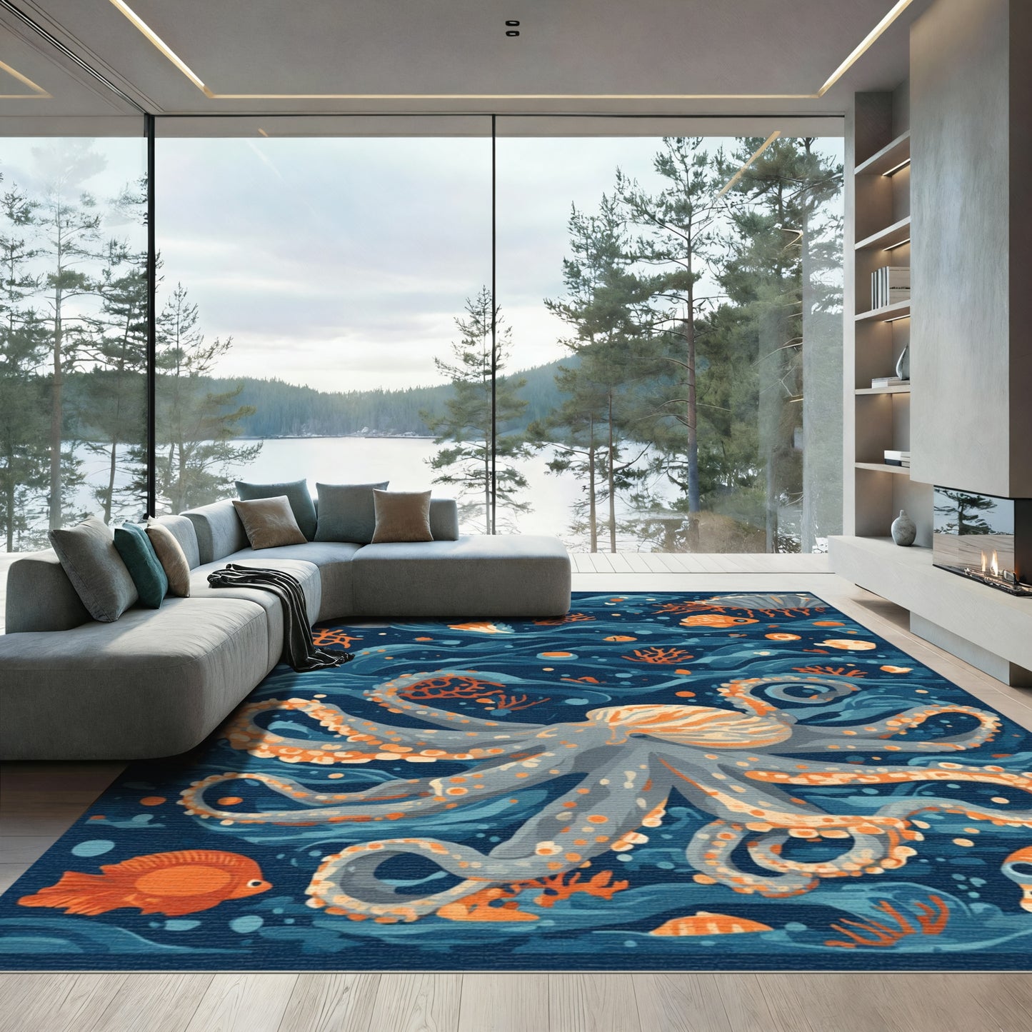 Deep Blue Octopus Coral Ocean Rug