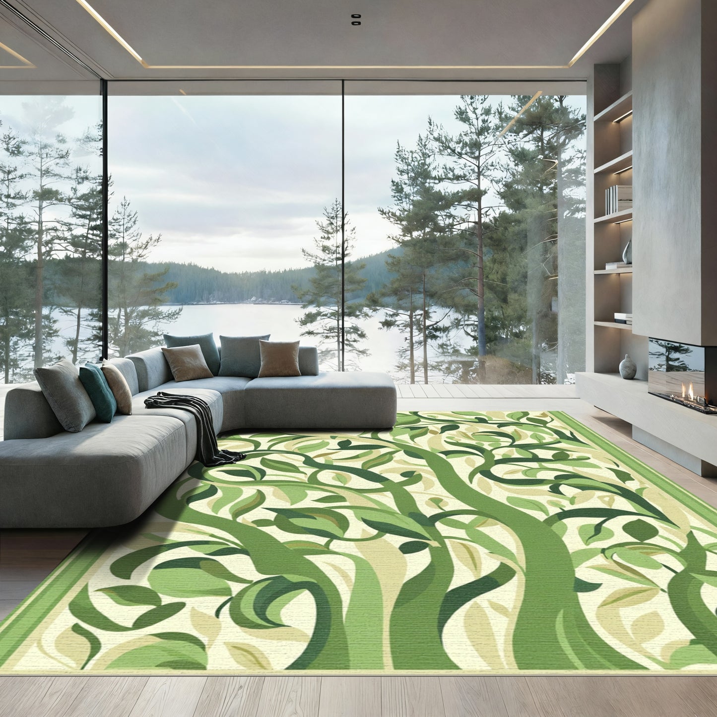 Verdant Green Foliage Swirl Rug