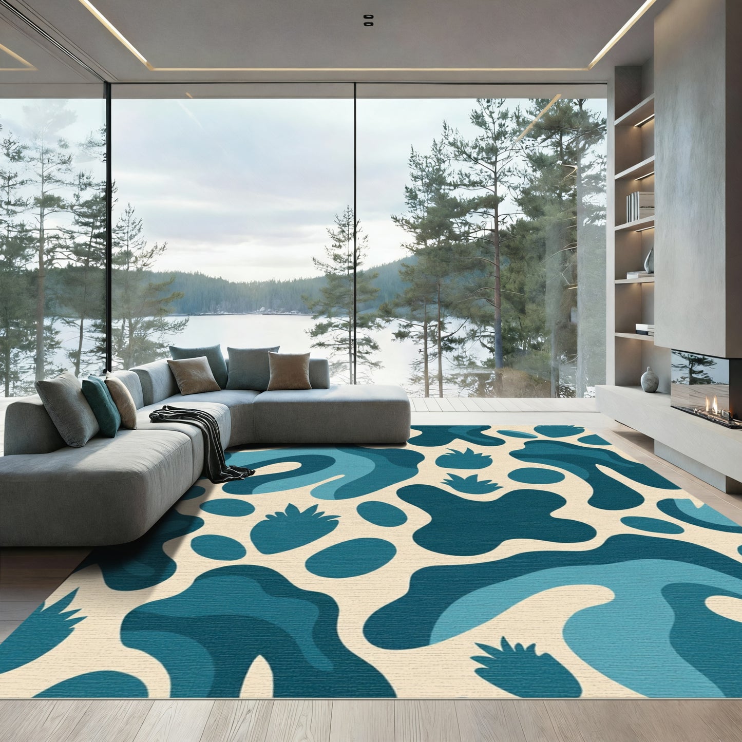 Teal Abstract Organic Shapes Rug