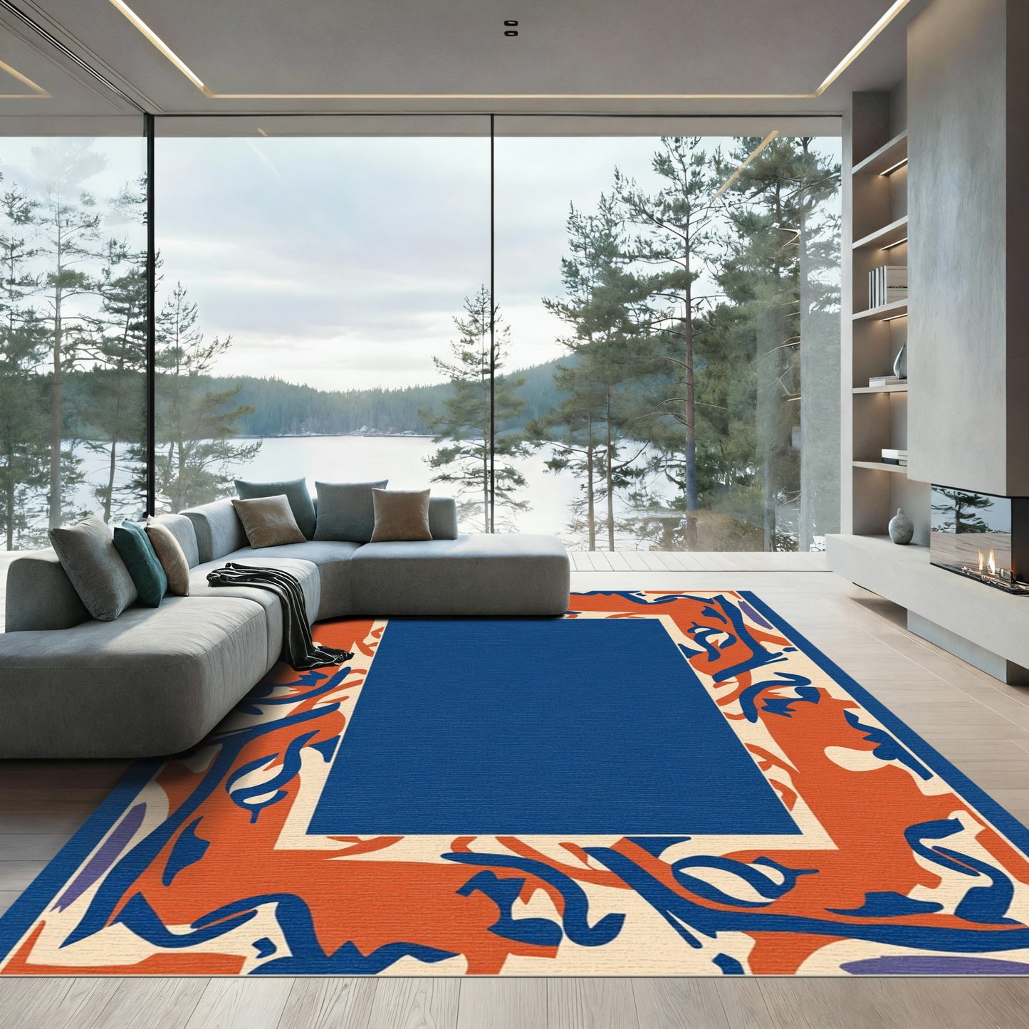 Abstract Orange Blue Swirl Border Rug
