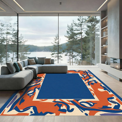 Abstract Orange Blue Swirl Border Rug