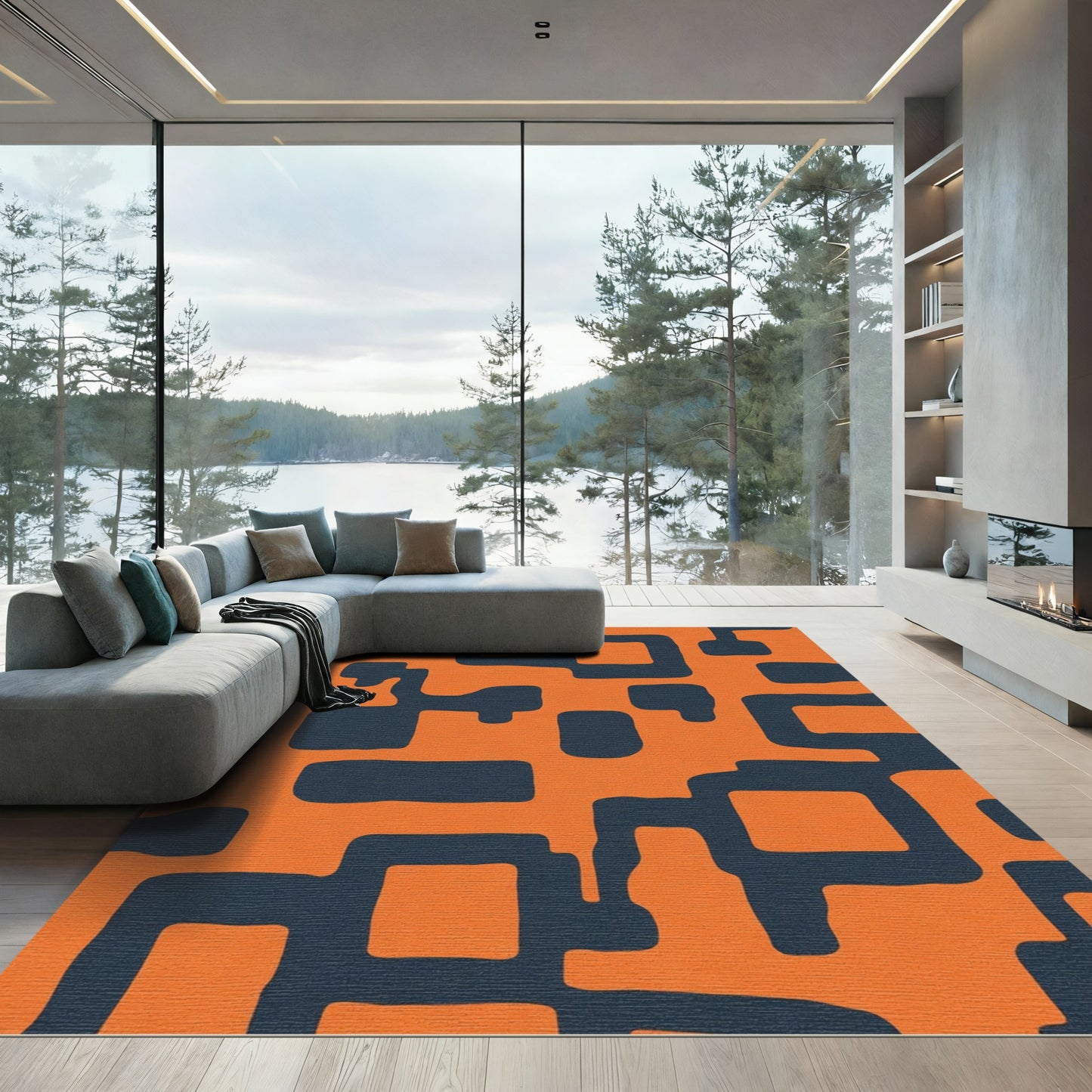 Bold Orange Geometric Interlocking Forms Rug