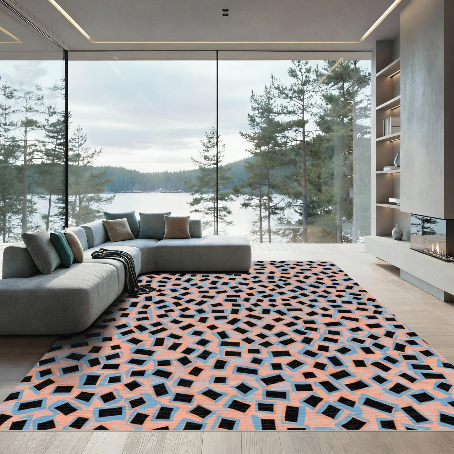 Abstract Peach Blue Scatter Rectangles Rug