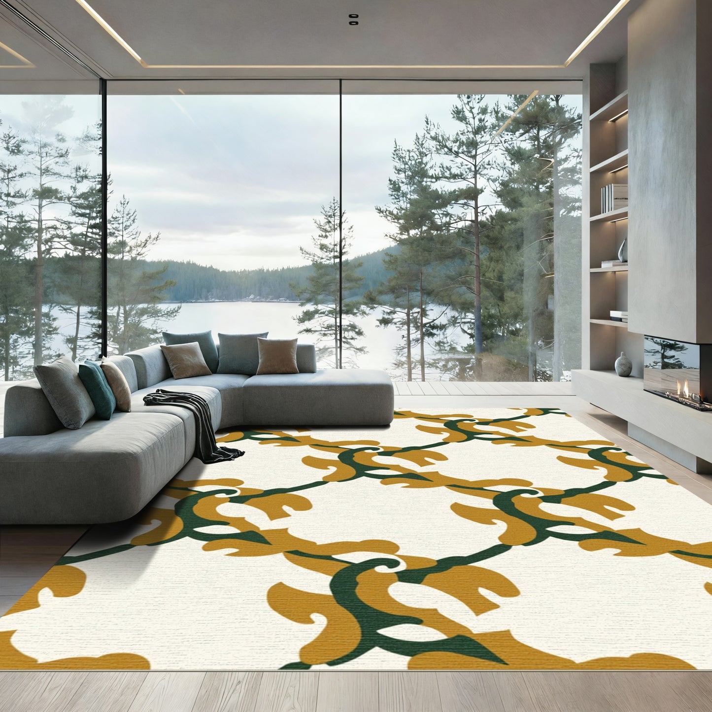 Golden Green Intertwined Leaf Lattice Rug