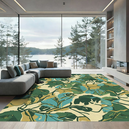 Earthy Green Blue Painterly Foliage Rug