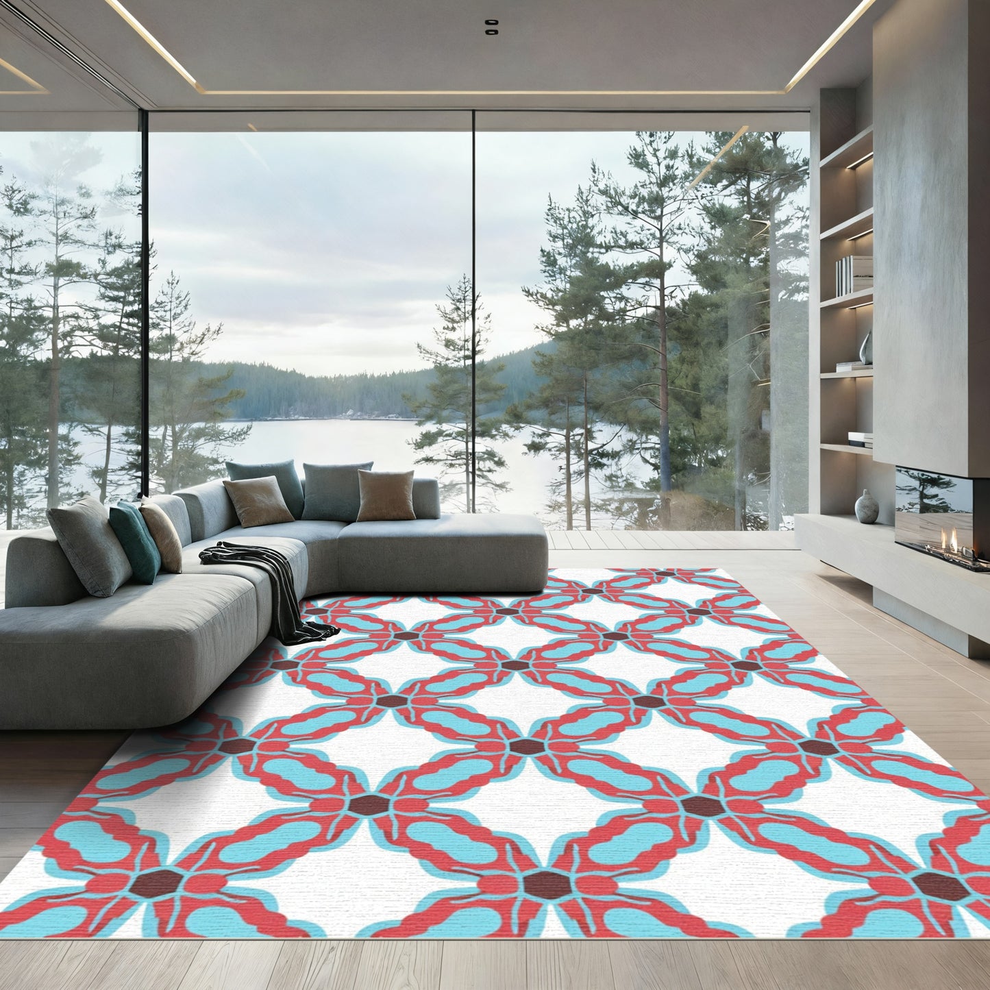 Crimson Blue Quatrefoil Geometric Rug
