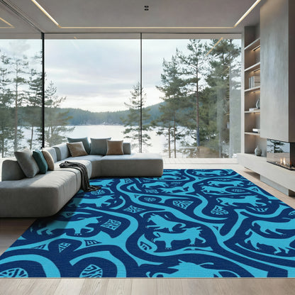 Cerulean Bull Swirl Folk Rug