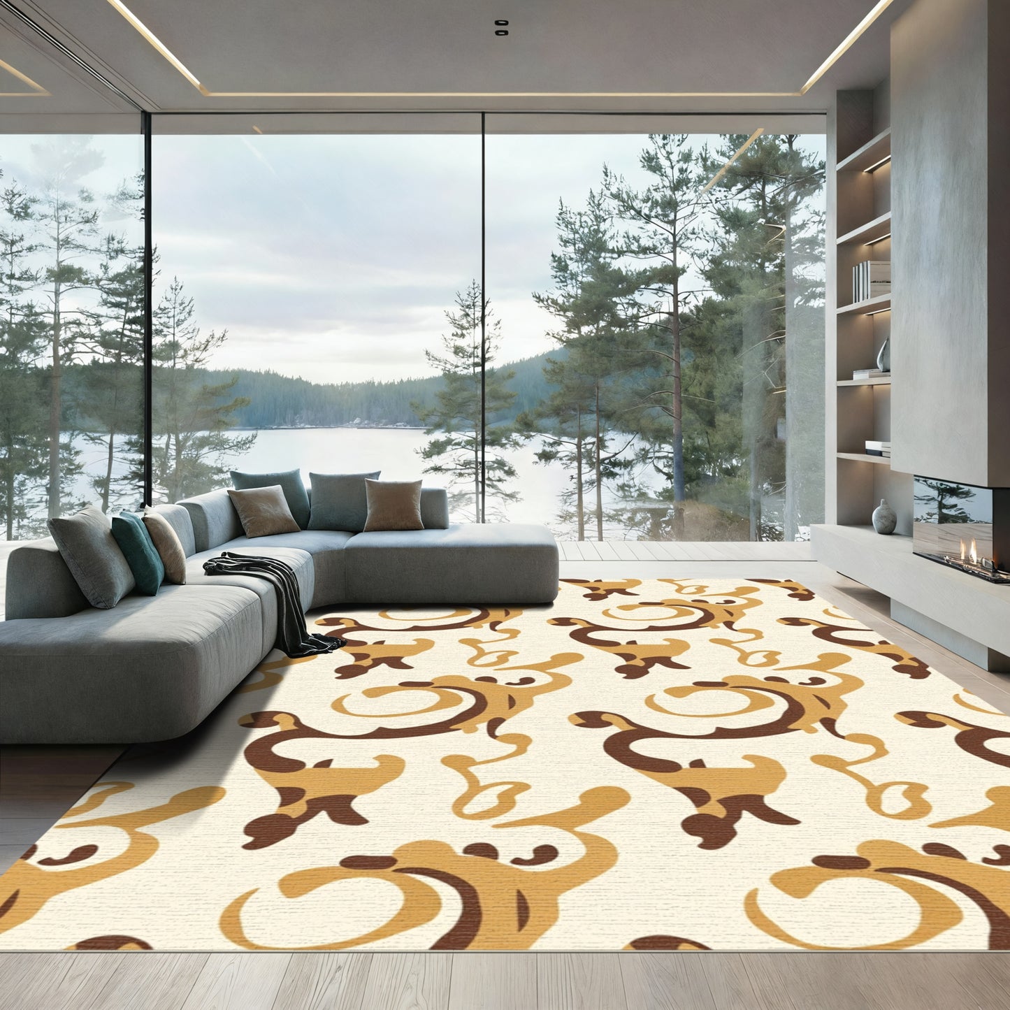 Golden Brown Swirling Filigree Motif Rug