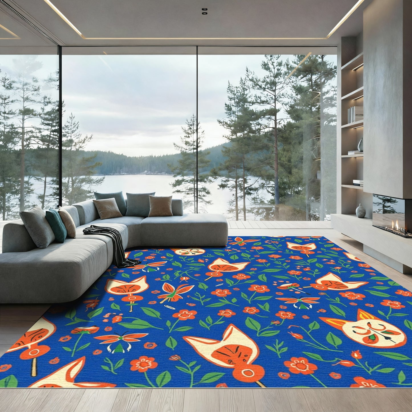 Whimsical Blue Orange Cat Floral Garden Rug