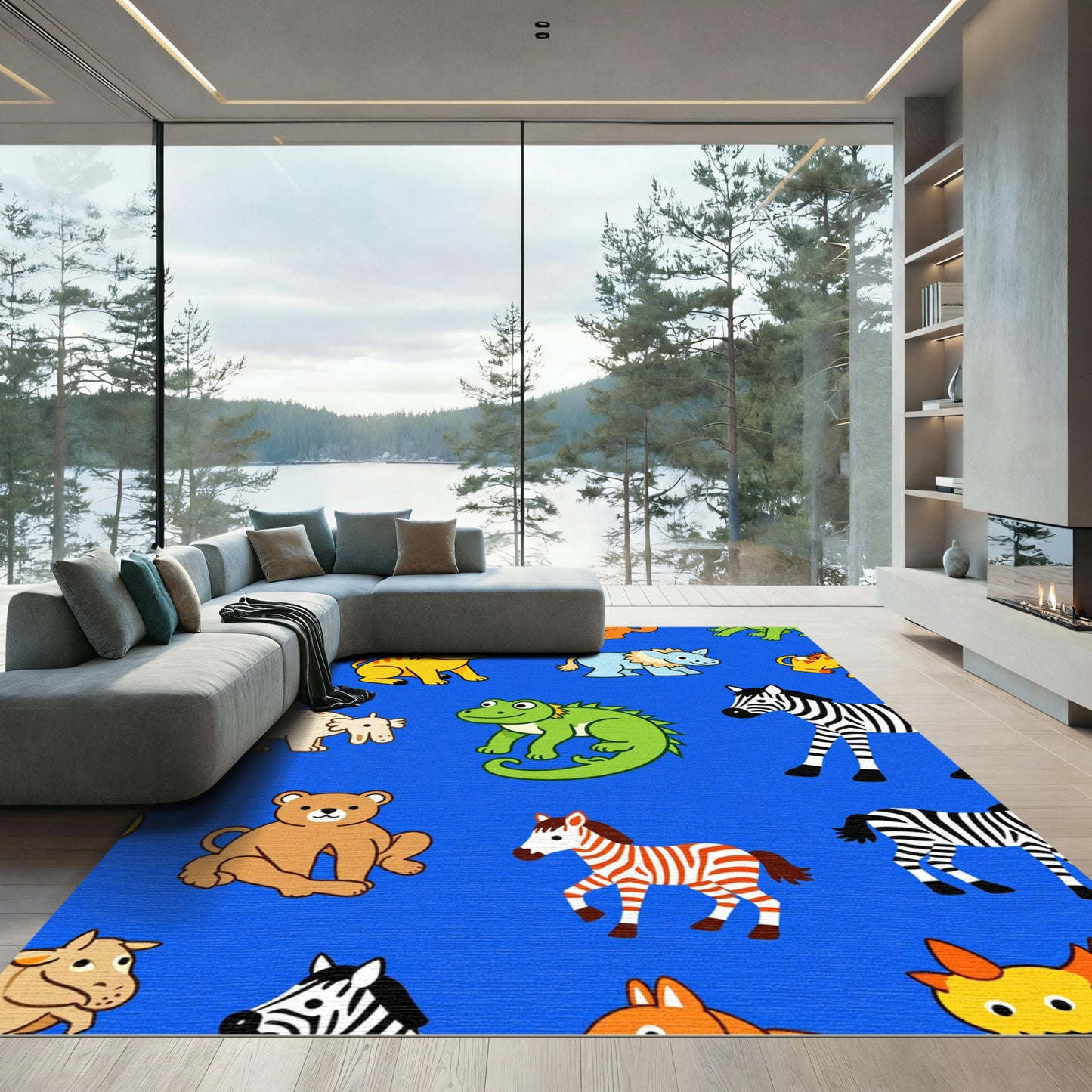 Whimsical Blue Zoo Animal Medley Rug