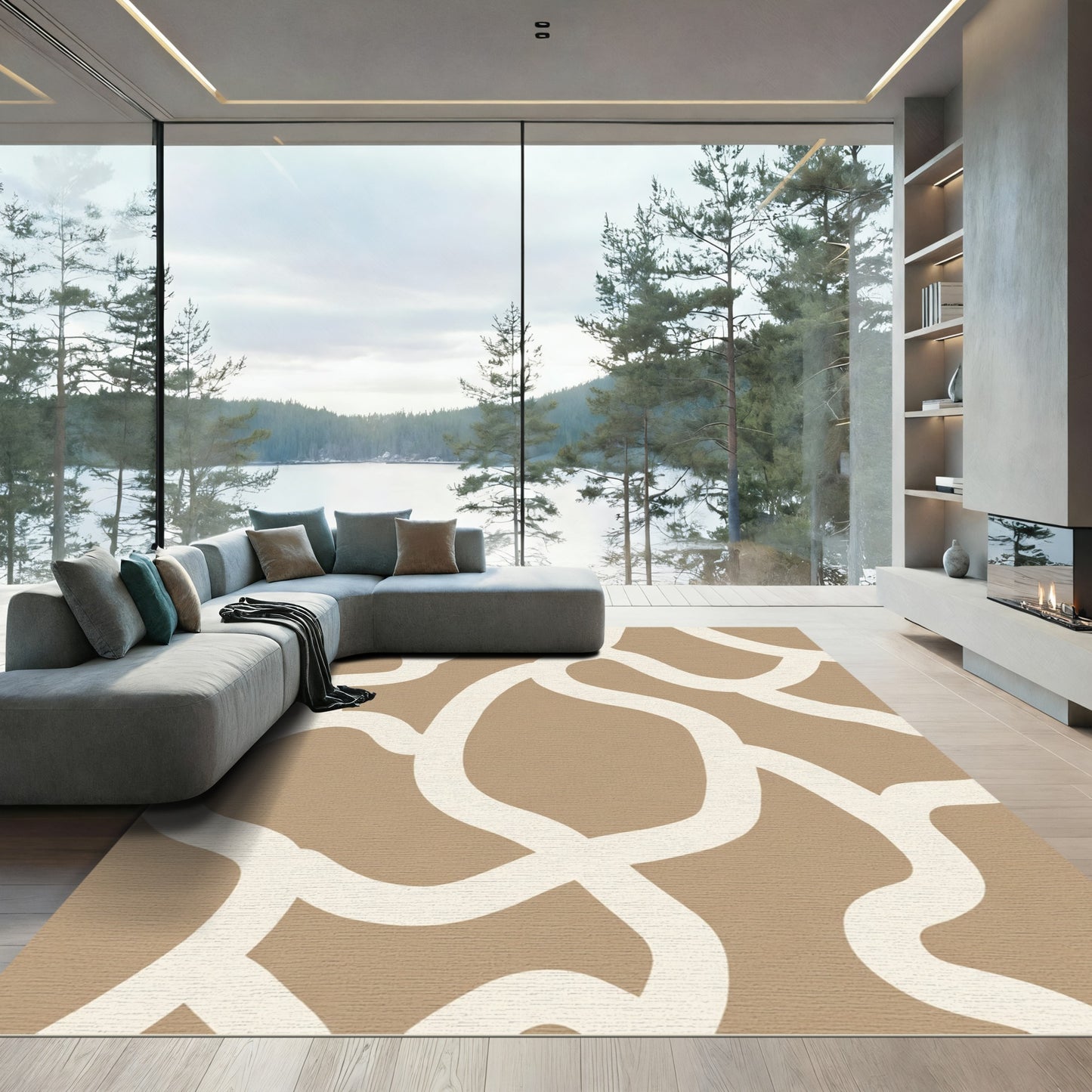 Tan and Cream Abstract Organic Lines Rug