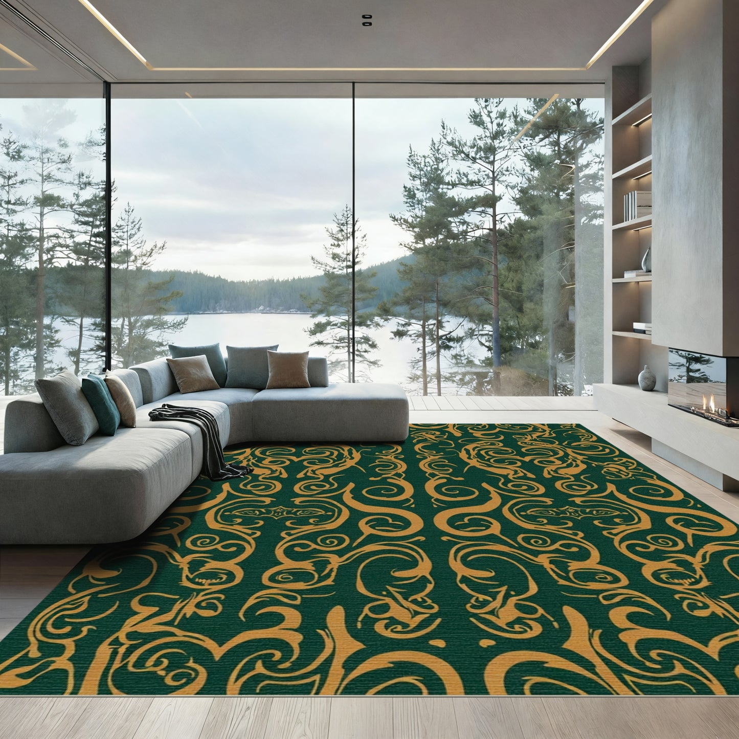 Emerald Gold Curlicue Flourish Rug