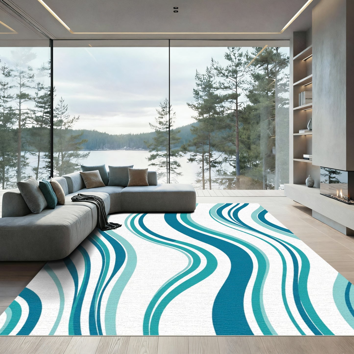 Aqua Teal Abstract Wave Lines Rug