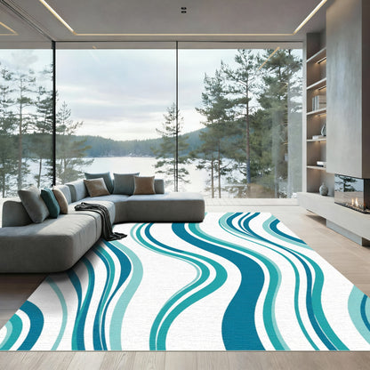 Aqua Teal Abstract Wave Lines Rug