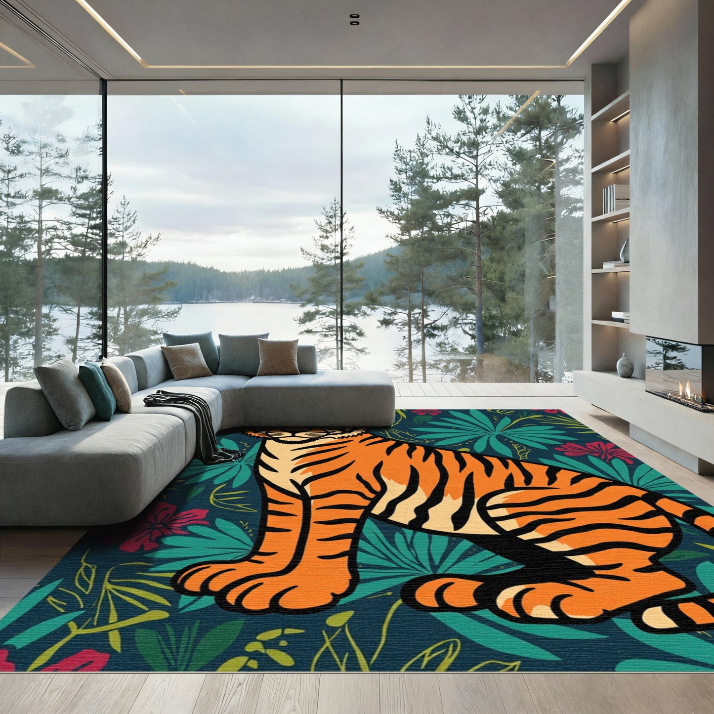 Vibrant Orange Tiger Jungle Blooms Rug