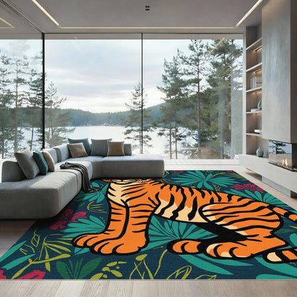 Vibrant Orange Tiger Jungle Blooms Rug