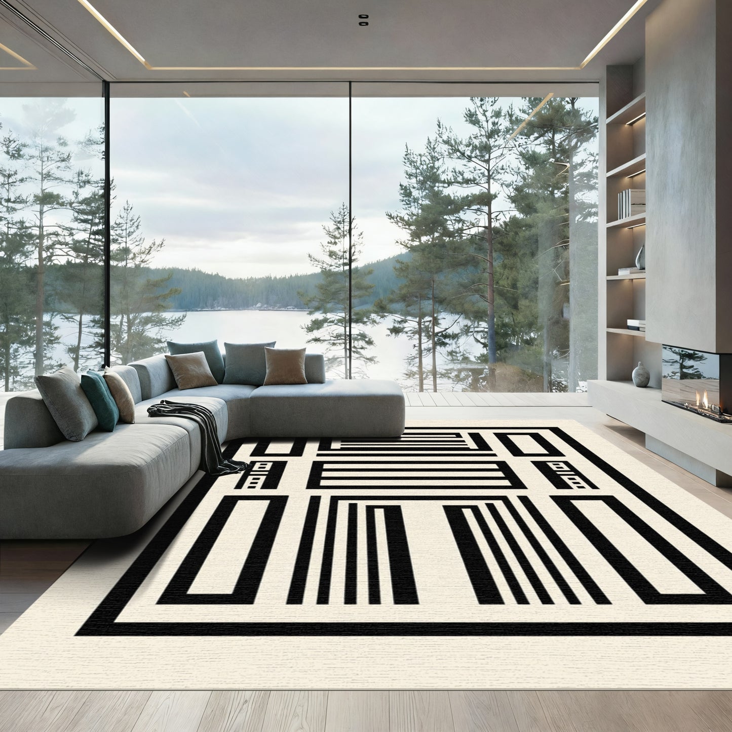 Black and White Modern Rectangular Composition Rug