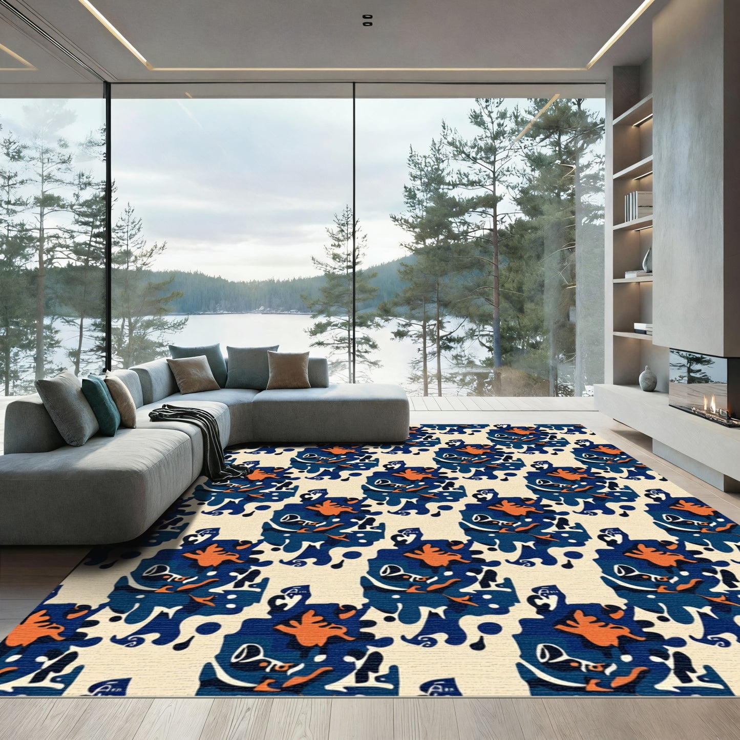 Abstract Indigo Orange Splash Rug