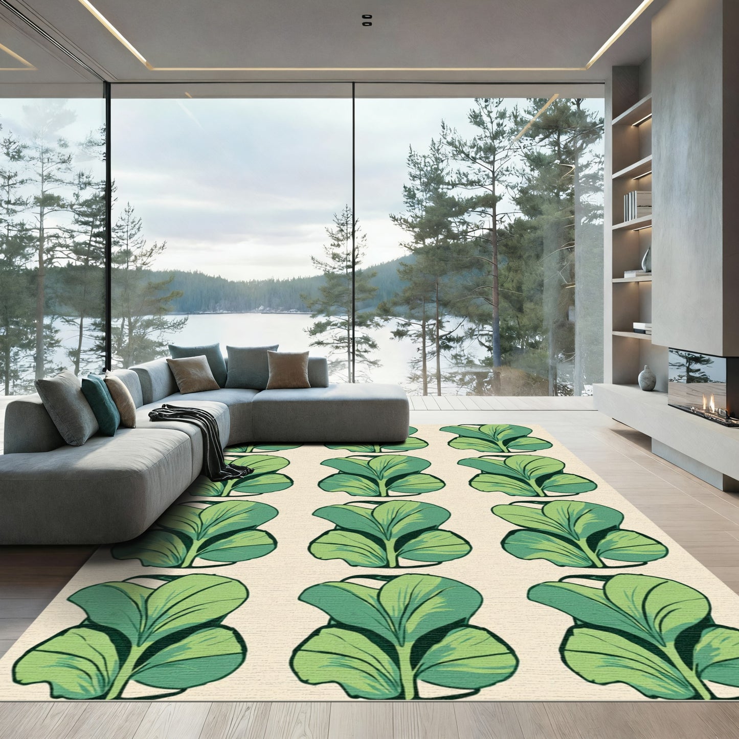 Green Leafy Repeat Area Rug