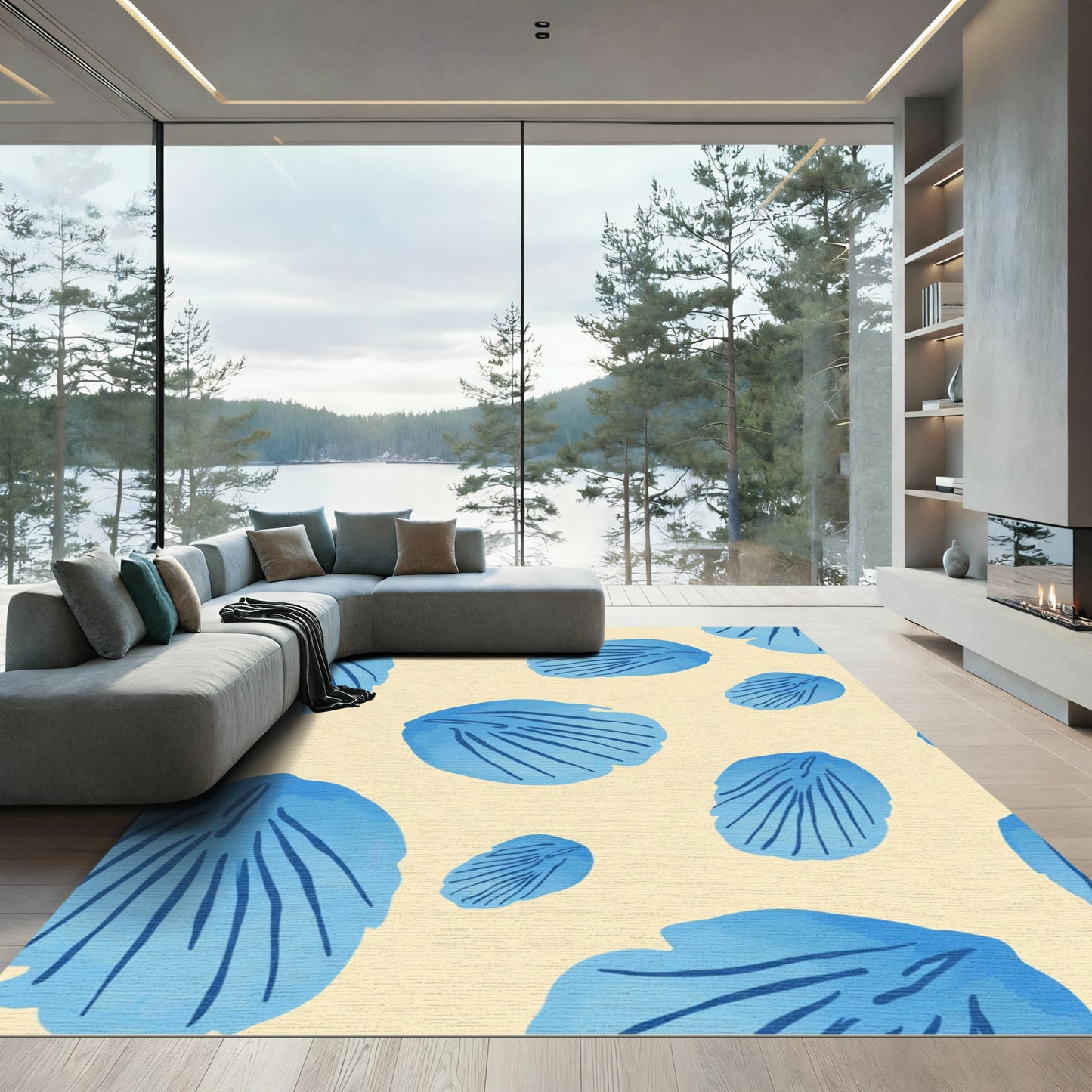 Sky Blue Abstract Leaf Scatter Rug