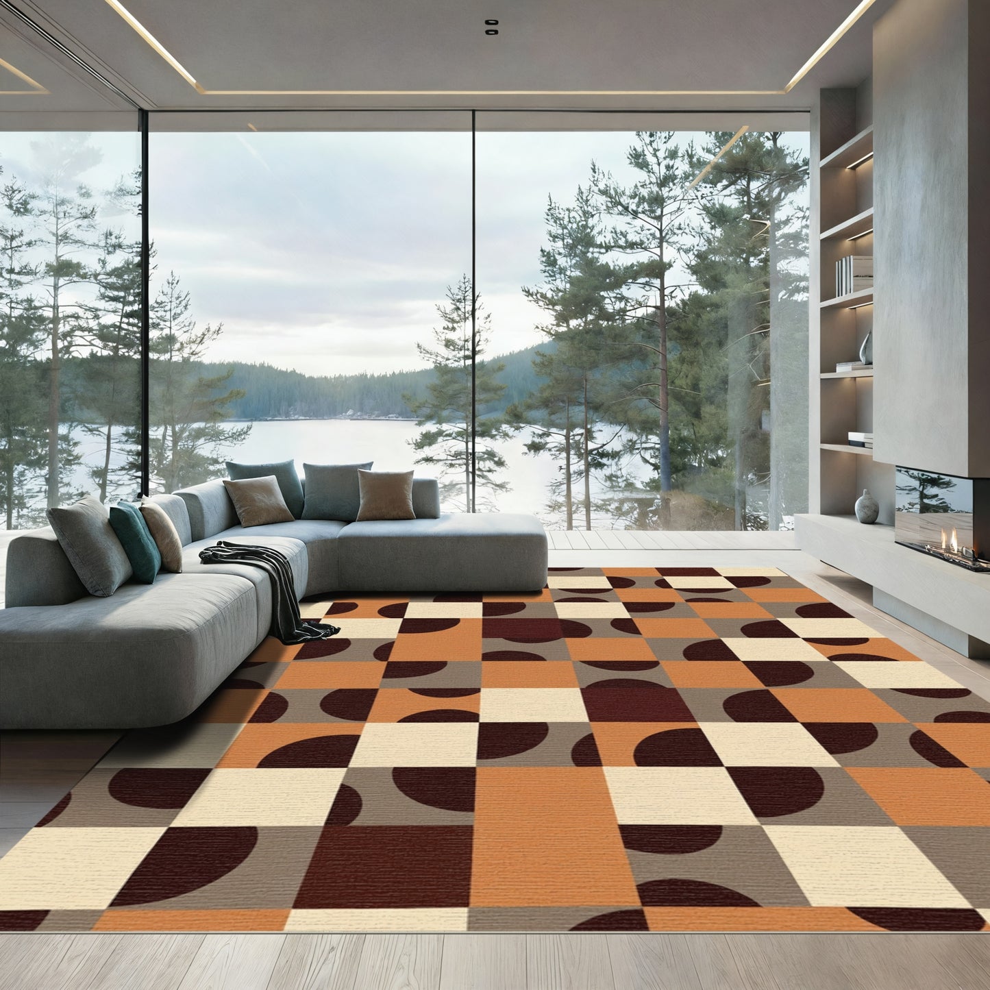 Retro Terracotta Geometric Checkerboard Rug