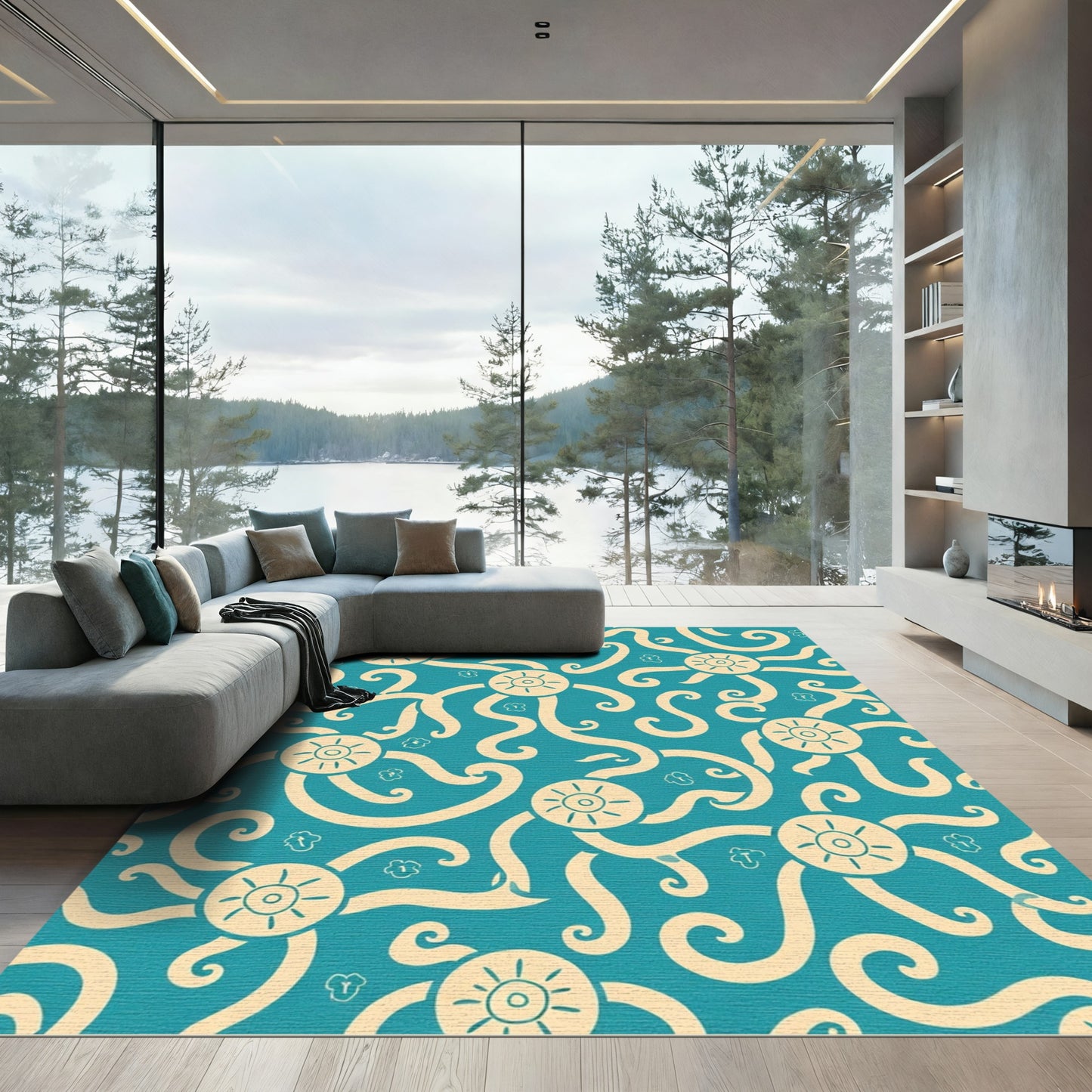 Teal Cream Whimsical Sun Swirl Rug