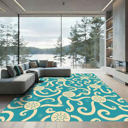 Teal Cream Whimsical Sun Swirl Rug