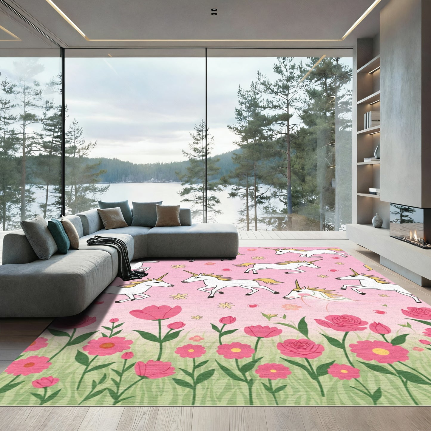 Whimsical Pink Unicorn Floral Meadow Rug