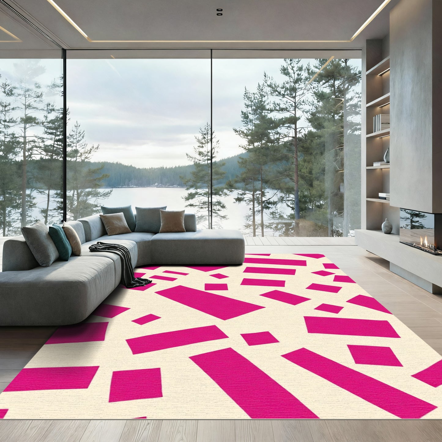 Vibrant Pink Scattered Rectangles Rug