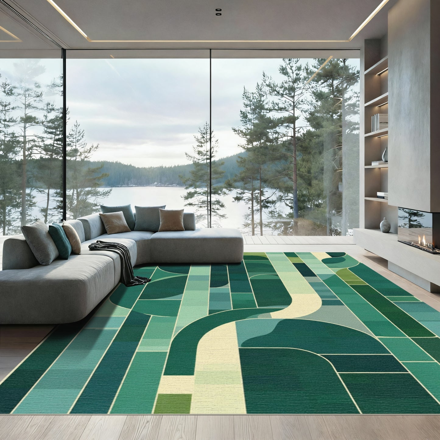 Modern Teal Geometric Curving Segments Rug