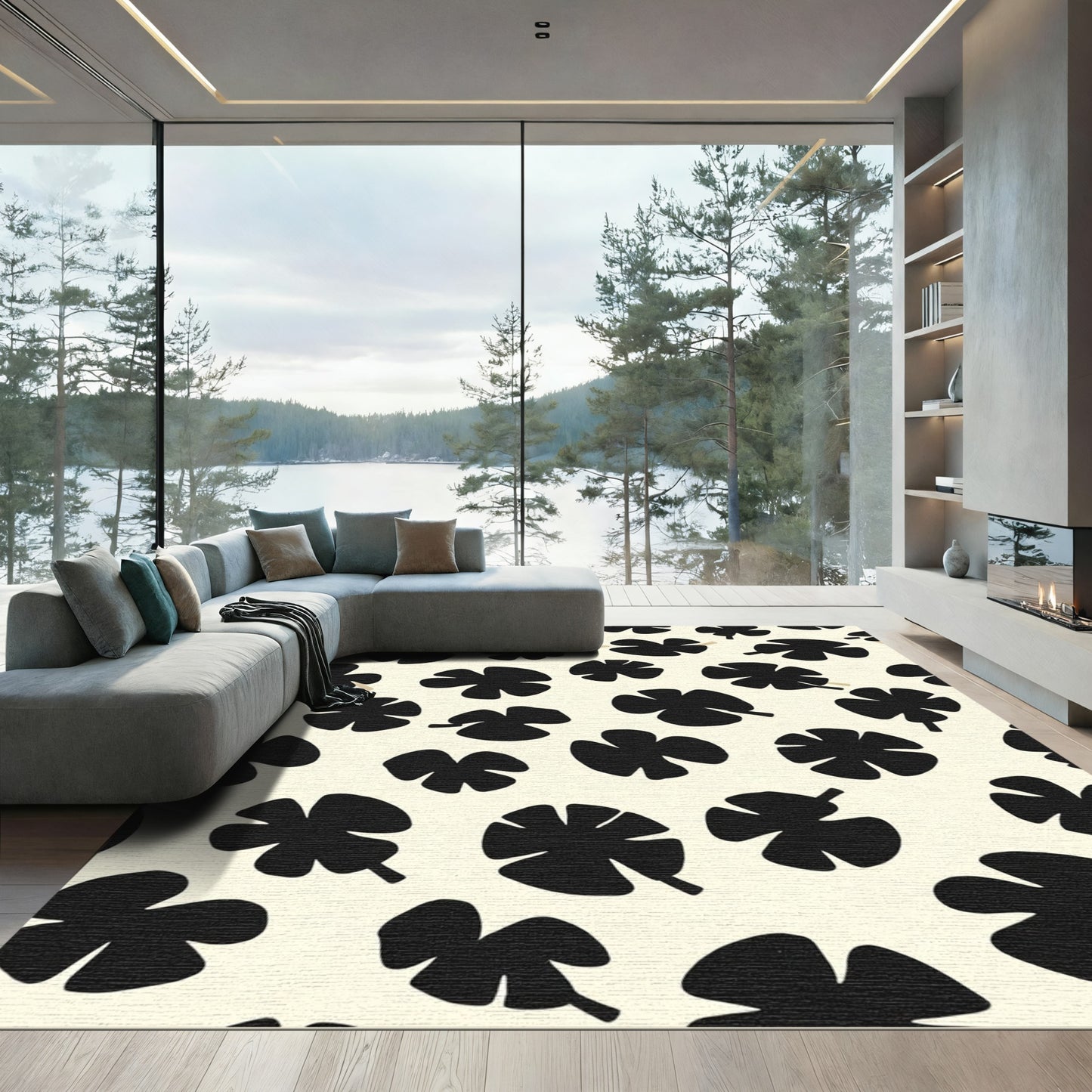 Black Cloverleaf Botanical Arrangement Rug