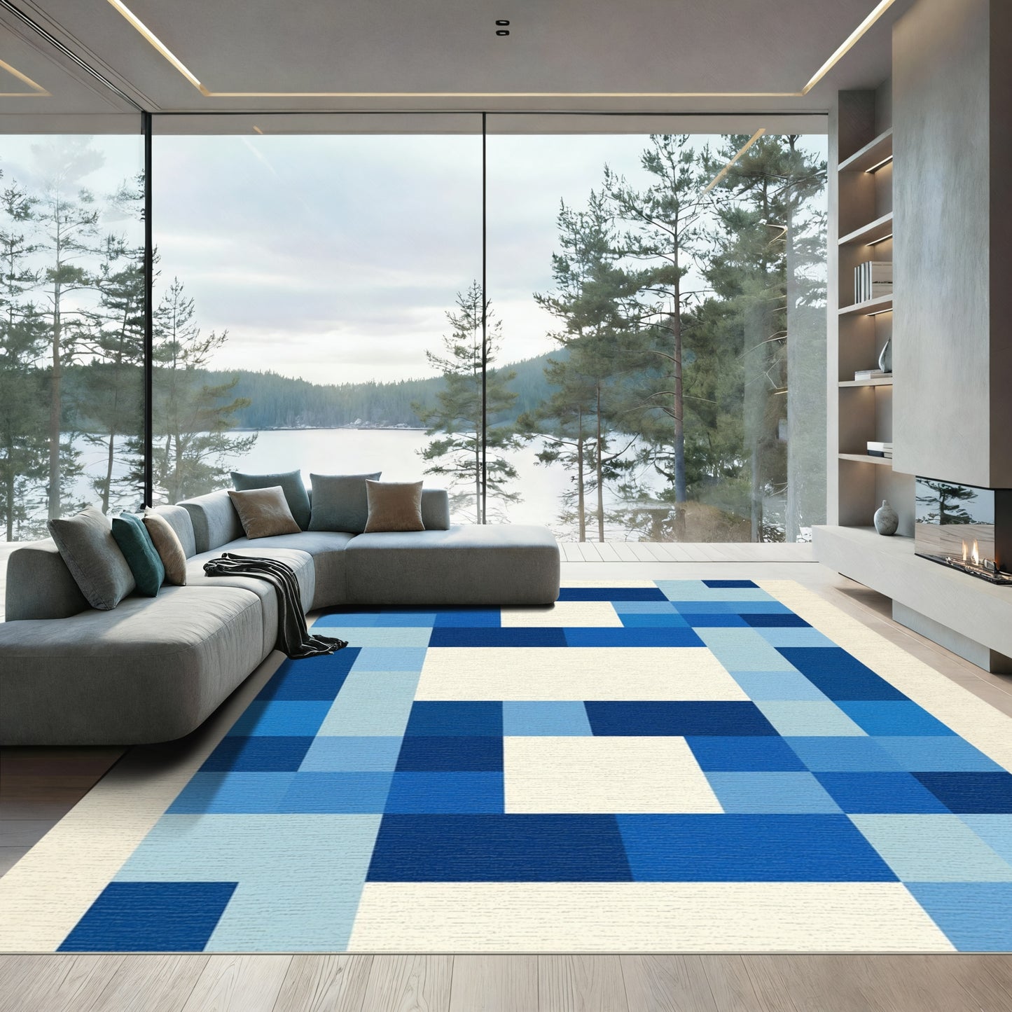 Modern Blue White Geometric Blocks Rug